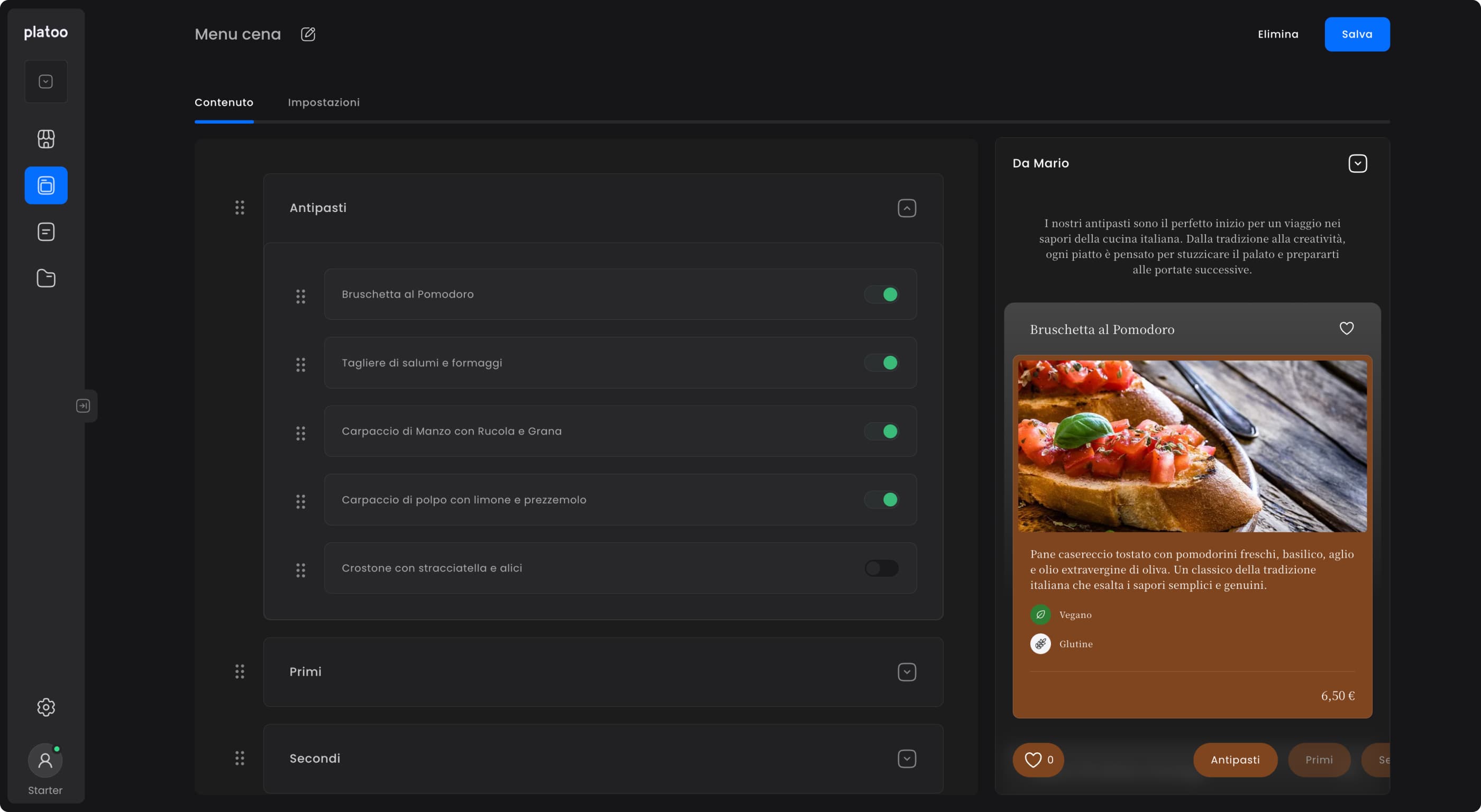 Platoo menu editor screen